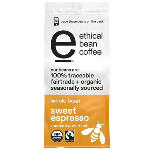 Ethical Bean Sweet Espresso Medium Dark Roast Fairtrade Organic Whole Bean Coffee, 12 Oz Bag